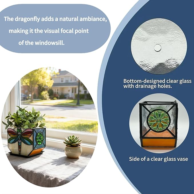 Handcrafted Stained Glass Dragonfly Planter, Decorative Indoor Flower Pot, Succulent Pots with Drainage, Gifts for Plant Lovers