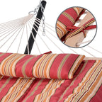 SUNCREAT Two Person Rope Hammock with Pad, Hanging Tree Double Hammock with Large Pillow, Hardwood Spreader Bar, Red Stripe