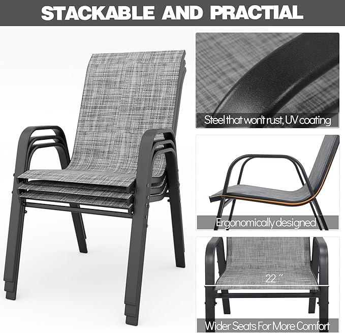Patio Chairs Set of 8, Stackable Outdoor Dining Chairs for All Weather Textilene Fabric & Metal Frame, Outdoor Chairs Set for Backyard Deck Garden (Grey, Set of 8)