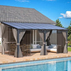 AECOJOY 16' x 8' Gazebo Outdoor Pergola with Curtains and Netting, 8'x16’ Hard Top Lean to Pergolas and Gazebos Clearance with Patio Roof Shelter, Large Wall-Mounted Heavy Duty Metal Awnings for Patio