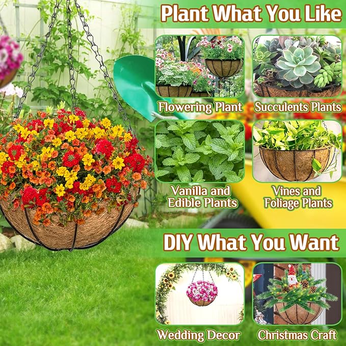 ZeeDix 2 Pack 14 Inch Metal Hanging Baskets for Plants Outdoor, Wire Round Planters with Coco Coir Liner, Hanging Flower Baskets for Home Garden Porch Balcony Railings Decor