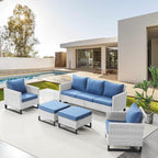 Belord Wicker Patio Furniture 5 Piece Outdoor Sofa Set, Oversize Outdoor Dining Chairs with Rattan Ottomans, Conversation Sets Patio Furniture Come with Removable Washable Cushion Blue, Light Grey