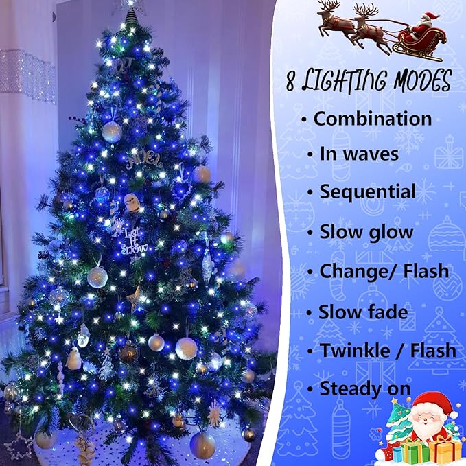 String Lights 200 LED 66 ft Outdoor Waterproof, Blue and White