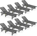 SERWALL Outdoor Chaise Lounge Set of 8, HDPE Pool Lounge Chairs with 5-Position Adjustable Backrest, Patio Loungers with Rolling Wheels & Cup Holder for Pool Sunbathing, Grey