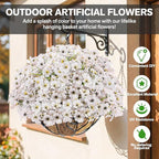 22 Pack Artificial Flowers Outdoor Fake Plants, Faux Flowers UV Resistant with Plastic Plants, Faux Silk Flowers for Outdoors Outside Front Porch Hanging Planter Window Box Garden Decoration(White)
