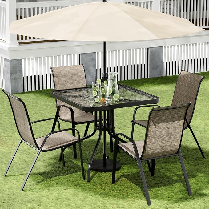 Arlopu 5 Piece Outdoor Patio Dining Set (Umbrella not Included), Porch Furniture with 4 Textline Chairs, 1 Square Glass Table for Garden, Backyard and Poolside, Lawn (Browm)