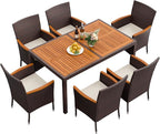 Flamaker 7 Piece Patio Dining Set Outdoor Acacia Wood Table and Chairs with Soft Cushions Wicker Patio Furniture for Deck, Backyard, Garden (Brown)