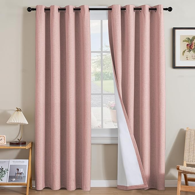 H.VERSAILTEX Linen Curtains 100% Blackout Curtains for Bedroom 84 inch Long Full Light Blocking Nature Linen Blended Window Curtains for Living Room Nickel Grommet (2 Panels, Heathered Baby Pink)