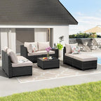 Jing's Villa 7-Piece Patio Furniture Set, All-Weather Outdoor Wicker Sectional Sofa with Cushions, Tempered Glass Table & Ottoman, Rattan Conversation Seating for Porch, Garden, Backyard,Beige