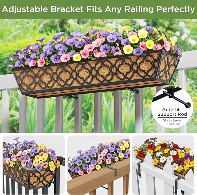 Y&M 6pcs 30 Inch Window Deck with Coco Liner, Fence Metal Hanging Flower Planter Window Basket Deck Railing Planter Boxes for Outdoor Garden Lawn,