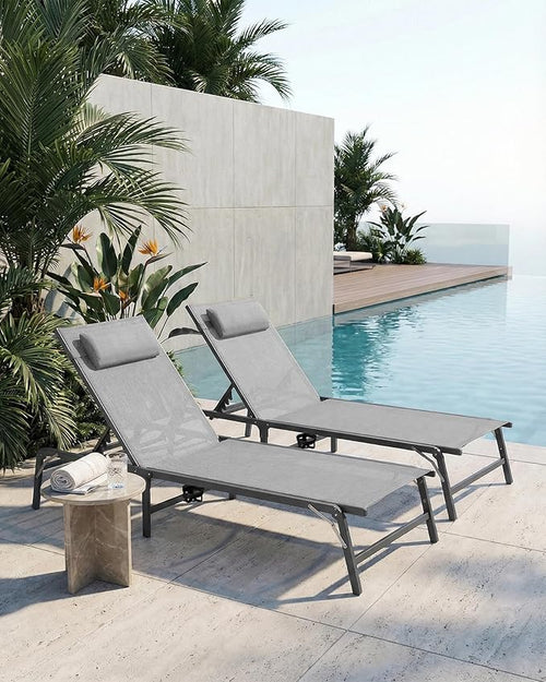 2 Pack Foldable Chaise Lounge Chair with Cup Holder, Assemble-Free Outdoor Lounge Chair with Detachable Pillow and 6 Adjustable Backrest, Patio Lounge Chair for Outside Poolside Beach Pool, Grey