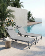 4 Pack Foldable Chaise Lounge Chair with Cup Holder, Assemble-Free Outdoor Lounge Chair with Detachable Pillow and 6 Adjustable Backrest, Patio Lounge Chair for Outside Poolside Beach Pool, Grey