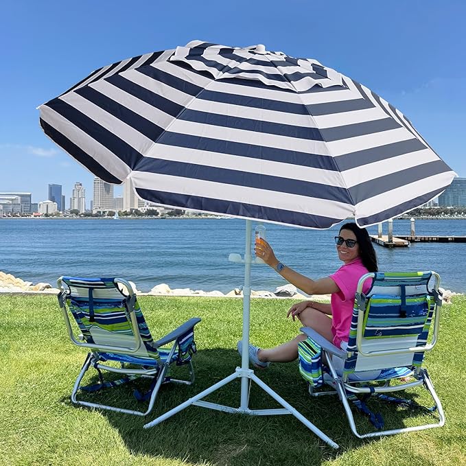 AMMSUN Shade Umbrella, Premium Portable Umbrella with Stand, 6.5ft Lightweight Free Standing Canopy for Sporting Games, Adjustable Instant Sun Protection and Easy to Carry, Stripe Blue