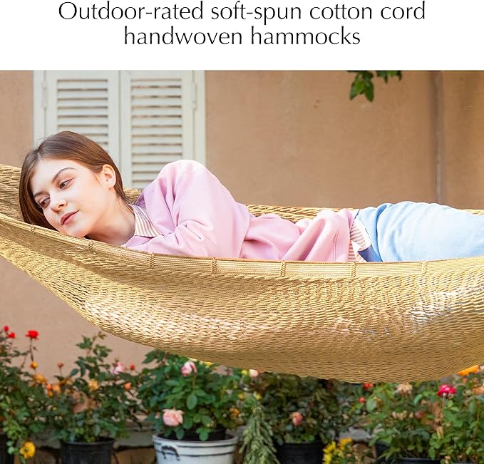 PNAEUT Handwoven Mayan Hammock, Thick Soft Rope Double Hammock for Outdoor Outside & Indoor, 600 lbs Capacity Heavy-Duty, Includes Tree Straps, Carabiners & Carrying Bag(Tan, X-Large)