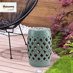 Outsunny 13" x 18" Ceramic Garden Stool with Woven Lattice Design & Glazed Strong Materials Decorative Outdoor Stool, Antique Blue