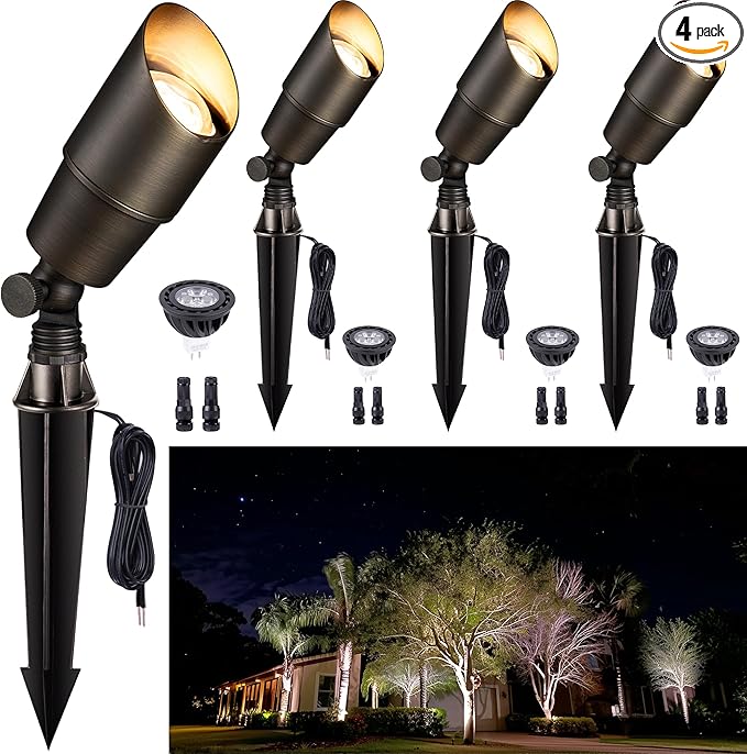 Gardenreet Brass Landscape Lighting - Outdoor Low Voltage Spotlights LED, 12V Wired Uplights, Waterproof Spot Lights, Antique Bronze for Outside Trees with 5W 5000K Daylight MR16 Bulb (4 Pack)