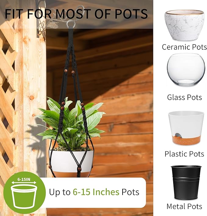 Macrame Plant Hanger - Fits 6 to 15 inches Pots for Indoor Outdoor, 43 Inch, Set of 2, Black (POTS NOT Included)