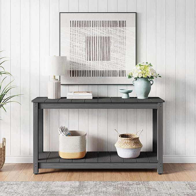 Stoog All-Weather Console Table, 2-Tier Patio Console Table Outdoor with Storage, Low Maintenance, and Never Fade or Rot, Grey