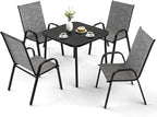 Pamapic Outdoor Dining Sets for 4, Square Steel Slat Table with 4 Textilene Chairs, 5 Piece Patio Table and Chairs Set with Adjustable Umbrella Hole for Patio,Garden, Backyard, and Poolside (Grey)