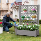 Raised Garden Bed with Trellis for Climbing Plants, 43.43" L x 18.27" W x 59.29" H Self Watering Planter Box with Drainage Holes for Outdoor Backyard Patio Balcony, Anti-Rust Resin (Grey)