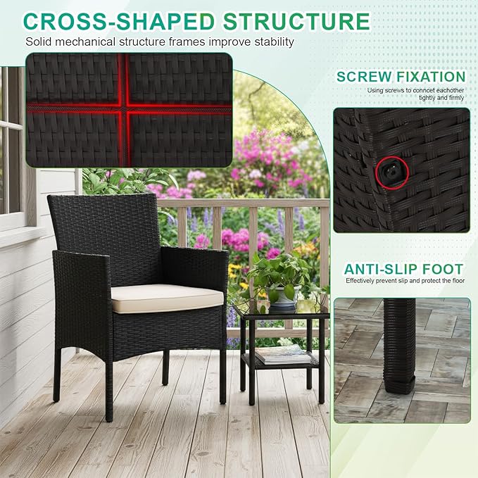 Bistro Sets, 3-Piece Rattan Patio Set with Glass Coffee Table, Black or Khaki