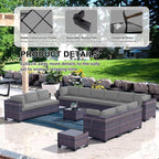 Kullavik 14 Pieces Outdoor Patio Furniture Set PE Wicker Rattan Sectional Sofa Patio Conversation Sets,Grey
