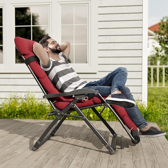 UDPATIO Oversized Zero Gravity Chair Set of 2, 29In XXL Patio Reclining Chair with Cushion, Outdoor Folding Recliner with Pillows|Cup Holder|Foot Rest|Padded Headrest, Burgundy, Support 500LB