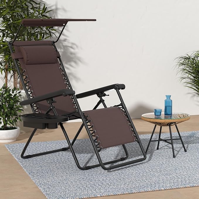 Best Choice Products Folding Zero Gravity Outdoor Recliner Patio Lounge Chair w/Adjustable Canopy Shade, Headrest, Side Accessory Tray, Textilene Mesh - Brown