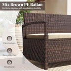 Tangkula 42 Gallon Outdoor Bench with Storage, Outdoor PE Rattan Storage Bench with Cushion, Backrest & Acacia Wood Armrests, Metal Frame, Waterproof Deck Box Seat for Porch Backyard Poolside