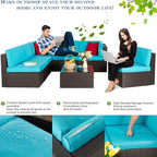 Vongrasig 7 Pieces Outdoor Patio Furniture Sets, Outdoor Sectional Rattan Sofa, PE Manual Weaving Wicker Patio Conversation Set with Cushion, Glass Table, Red Pillow (Blue)