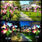 Upgraded Solar Garden Lights, 2 Pack Outdoor Solar Lights, New Round Panel for 40-Hour Runtime, Serve as Outdoor & Indoor Decor, 7-Color Changing Flower Lights, Waterproof for Patio Yard Decoration