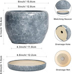 SQOWL 6 Inch Plant pots Indoor - Ceramic Planter with Drainage Hole and Saucer, Ceramic Flower Pot Outdoor, Decorative Round Planter, Home Decor Living Room, Gifts for Plant Lovers, Gray