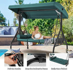 HOMREST 3 Seat Outdoor Porch Swing with Adjustable Canopy, Convertible Patio Swing Bed with Stand, Patio Glider Swing with Upgraded Cup Holder, Thicken Cushions ＆ Pillow for Backyard（Green）