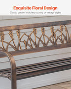 VEVOR Outdoor Bench, 50 inch, Carbon Steel Metal Frame with PVC Floral Pattern Backrest and Round Edge Armrests, Weatherproof Outside Bench for Patio, Garden, Park, Yard, Front Porch, Antique Bronze