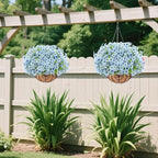 Artificial Hanging Flower for Outdoors, Fake Hanging Basket for Outside,1 Hanging Basket with 13 Pcs Faux Silk Flowers for Porch, Balcony and Patio Decor(Blue)