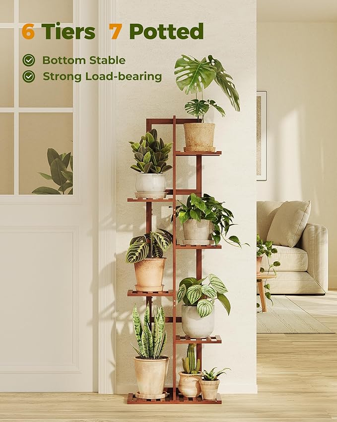 Bamworld Bamboo Plant Stand Indoor 6 Tiered Plant Shelf Outdoor Corner Plant Rack for Multiple Plants Flower Stand Plant Holder for Living Room Bedroom Balcony Patio Garden 48 Inch Tea Brown