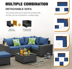 6 Pieces Patio Furniture Set All-Weather Outdoor Wicker Sectional Conversation Sofa Rattan Patio Seating Sofa with Cushion and Glass Table for Porch Poolside,Navy