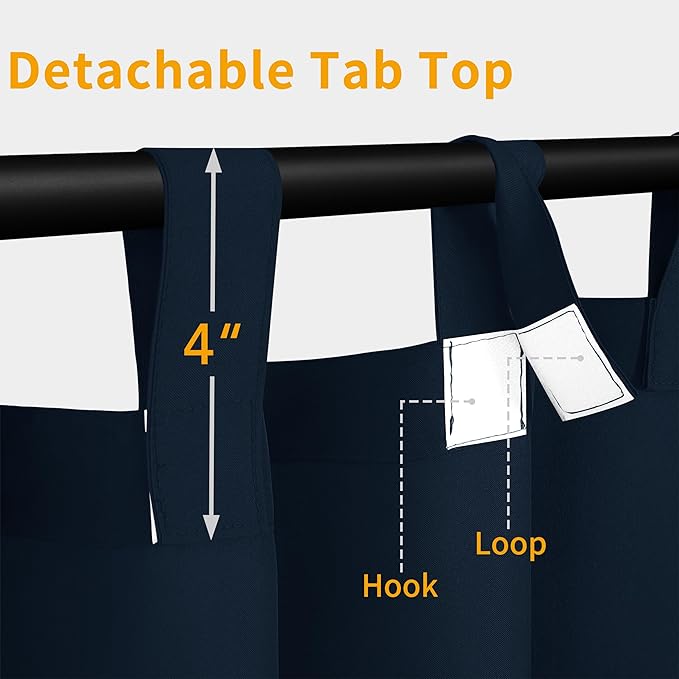 Easy-Going Outdoor Patio Curtains Detachable Tab Top Windproof Weatherproof Curtain for Cabana, Porch, Pergola and Gazebo, Tab Bottom Drape, 2 Panels, 110W x 96L inch, Navy