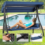 HOMREST 3 Seat Outdoor Porch Swing with 1.5" Deepened Cup Holder, Adjustable Canopy, Patio Swing Bed with Stand, Patio Glider Swing with Thicken Cushions, Pillow for Yard, Garden(Blue)