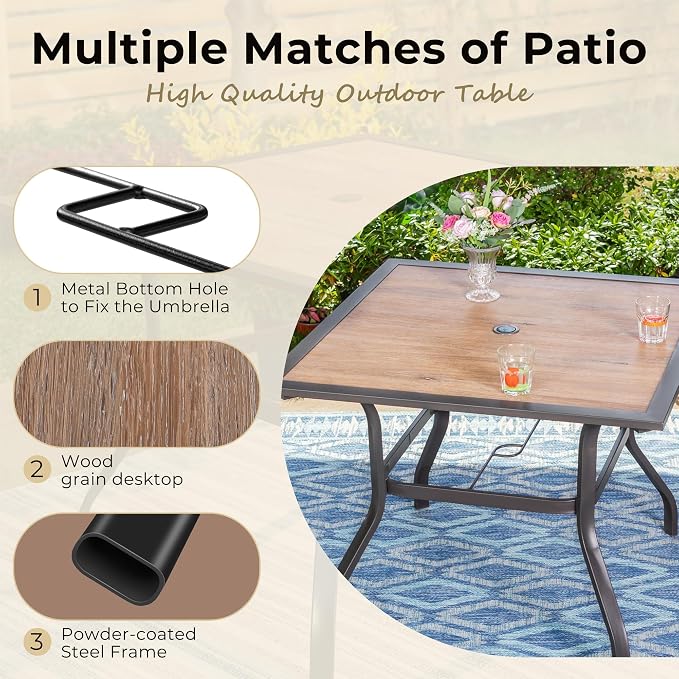 Square Dining Table 37 Inch Patio Table with Umbrella Hole, Black Metal