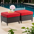Joyside Patio Ottoman Set of 2, All Weather Outdoor Rattan Ottomans Patio Footstools with Removable Cushions for Garden Backyard Porch (Red)