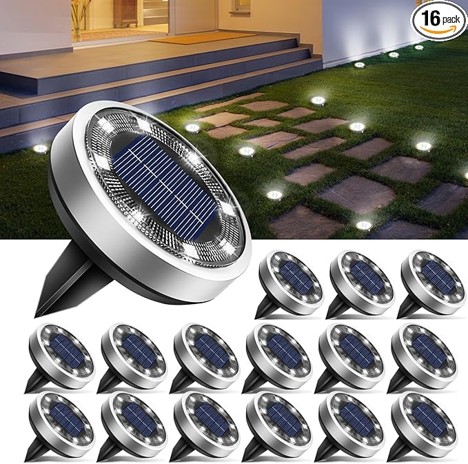 btfarm 16 Pack Solar Lights Outdoor, 8 LED Solar Ground Lights IP65 Waterproof Flat Solar Disc Light, Pathway Lights for Garden Lawn Patio Yard Path Landscape, Cool White