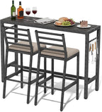 3Pcs Outdoor Patio Bar Set, 55" Rectangular High Top Table and Chairs Set with 2 Cushioned Bar Stools & Cover,Metal Pub Height Bistro Table Set for Balcony, Backyard, Porch, Deck,Garden, Pool