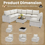 9 Piece Outdoor Patio Furniture Set with 43'' Fire Pit Table, Outdoor Sectional Furniture, Rattan & Wicker Modern Modular Conversation Set Sofa Couch W/Water Resistant Washable Thick Cushions, Beige