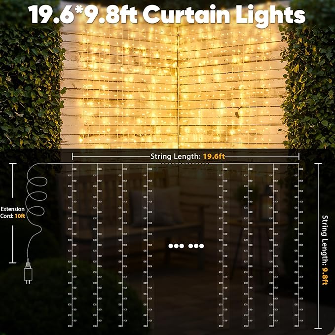 Curtain String Lights 600 LED Warm White with 8 Modes