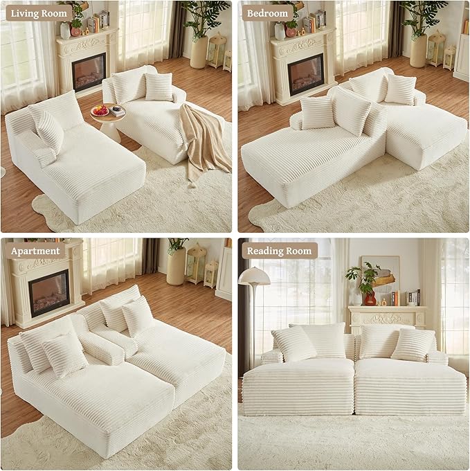 80" Double Chaise Lounge Chair Indoor, Oversized Boneless Couch Comfy Upholstered Sleeper Sofa Bed with 4 Pillows, Corduroy Cloud Loveseat Chair for Living Room No Assembly Required, White