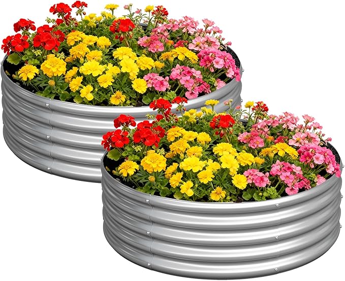 zizin 2 Pack Galvanized Raised Garden Bed Metal Round Raised Garden Beds Outdoor Planter Box for Vegetables (3FT, Silver)