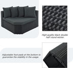 Merax 7-Piece Outdoor Wicker Sectional Sofa Set,Modular Rattan Conversation Set with Gray Cushions,Striped Green Pillows & Tempered Glass Coffee Table for Patio,Garden,Deck,Black