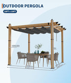 GarveeLife 10 x 10 ft Wood-Grain Aluminum Pergola Outdoor Pergola with Retractable Canopy Sun Shade Shelter for Garde Patio Backyard Deck - Gray