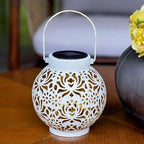 2 Pack Outdoor Solar Hanging Lantern Lights Metal LED Decorative Lamp for Garden Patio Courtyard Lawn and Table with Hollowed-Out Design (White)